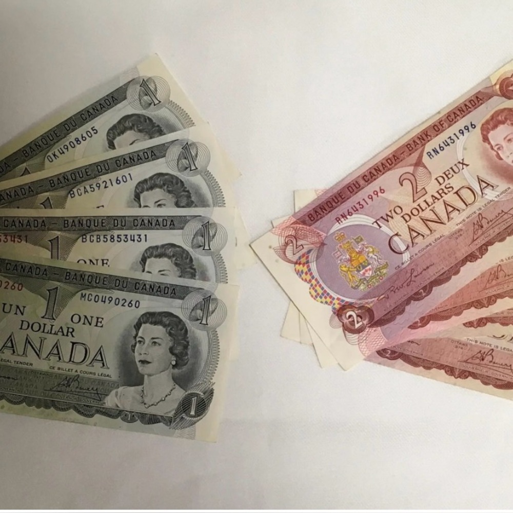 Bank Of Canada  4 1973 1 Dollar Banknotes & 4 2 Dollars 1974 Banknotes Lot